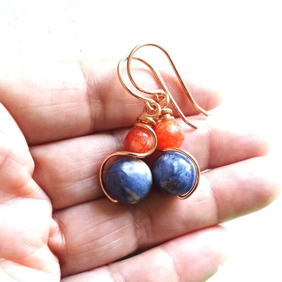 Denim Days Earrings: Sodalite, Fiery Agate & Copper Wire Wrap @ OOAK Fall Combo - Picture 1 of 11